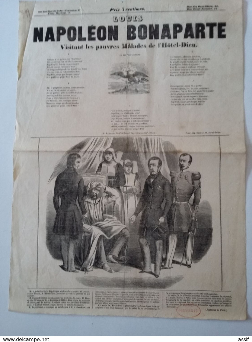 Affiche Feuille Volante  Louis  Napoléon  Bonaparte Visitant Les Pauvres Malades De L'Hôtel-Dieu  2 è République 1848 - Manifesti