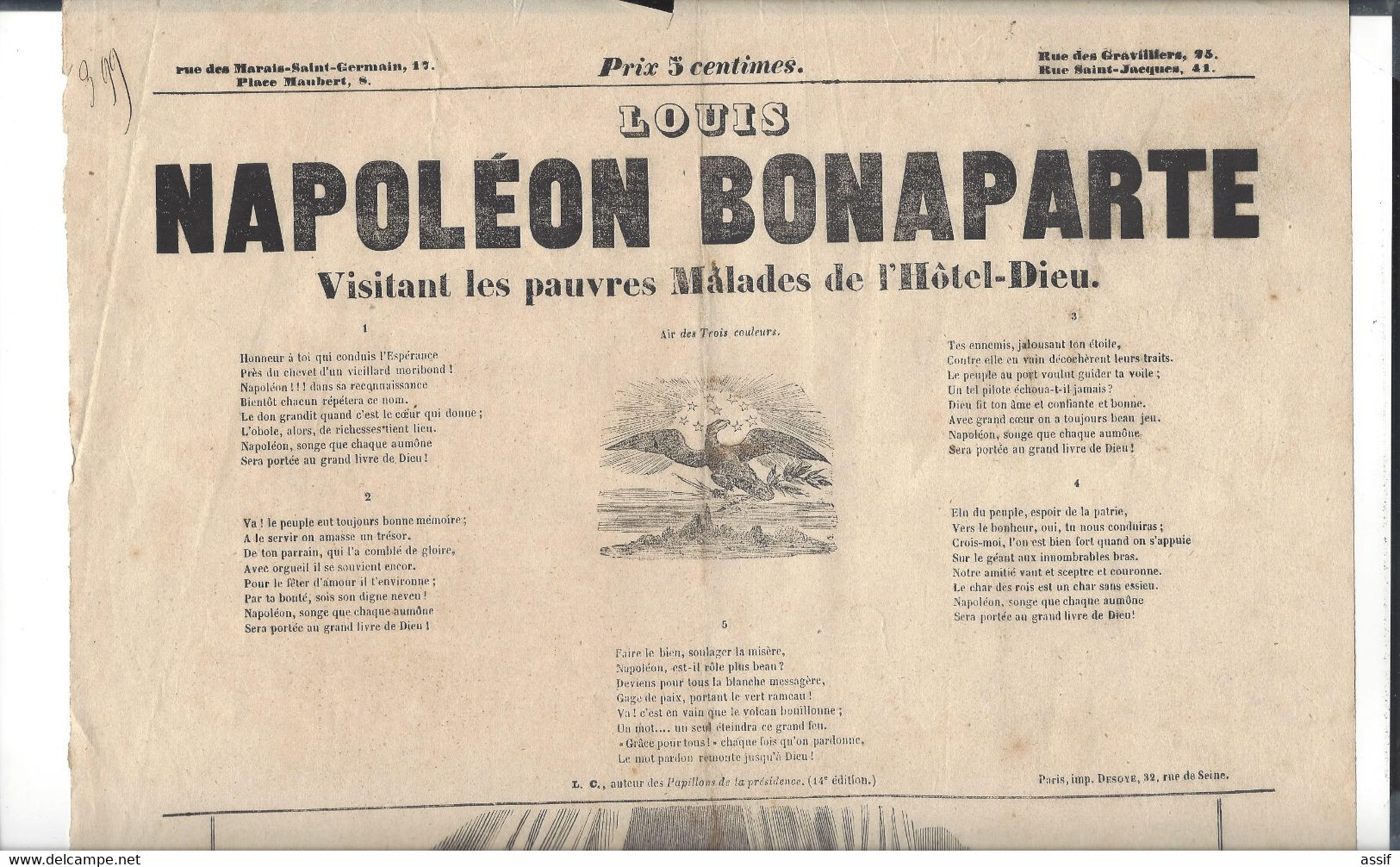 Affiche Feuille Volante  Louis  Napoléon  Bonaparte Visitant Les Pauvres Malades De L'Hôtel-Dieu  2 è République 1848 - Plakate