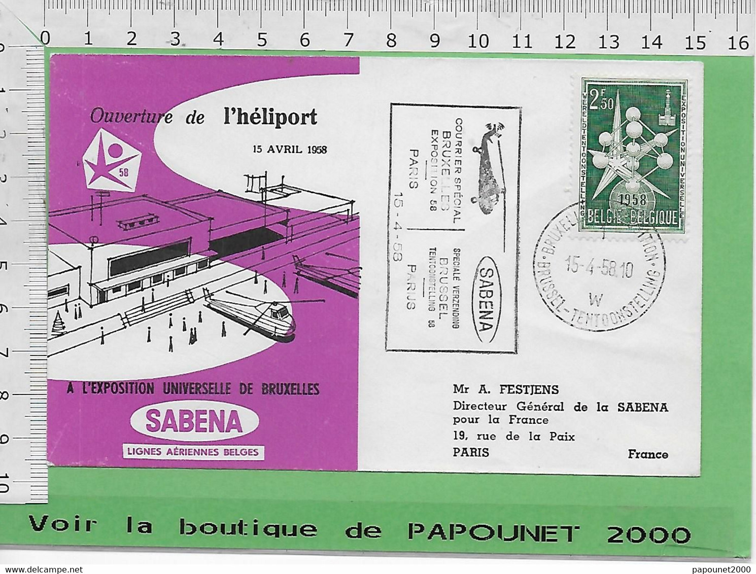 01628-E BE04 1000-Expo 58  Timbre*Enveloppe/ HELIPORT Sabena France - 1958 – Bruselas (Bélgica)