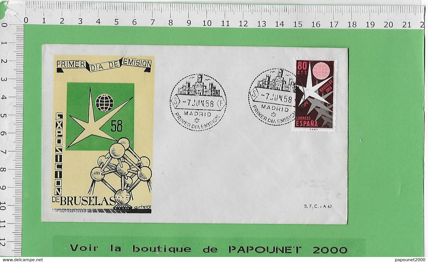 01629-E BE04 1000-Expo 58  Timbre*enveloppe /  ESPAGNE 1er Jour - 1958 – Bruselas (Bélgica)