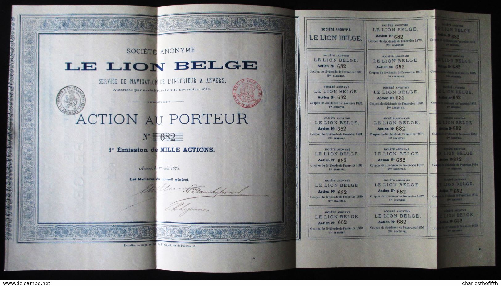 5 ACTIONS * LE LION BELGE 1872 SERVICE DE NAVIGATION DE L'INTERIEUR A ANVERS - RARE ET IMPECCABLE - 1re émission De 1000 - Verkehr & Transport