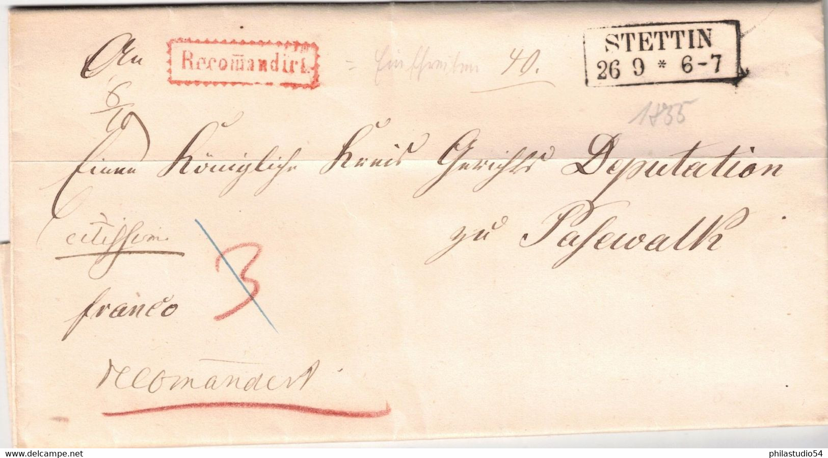 1855, Recommandierter Dienstbrief Mit Komplettem Inhalt Ab STETTIN Mit Rotem Zackenkranzstempel - Storia Postale