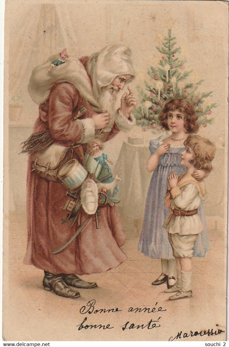 WA 3- PERE NOEL AVEC COUPLE D' ENFANTS - SAPIN DE NOEL , CADEAUX : POUPEE , TAMBOUR , BATEAU- 2 SCANS - Santa Claus