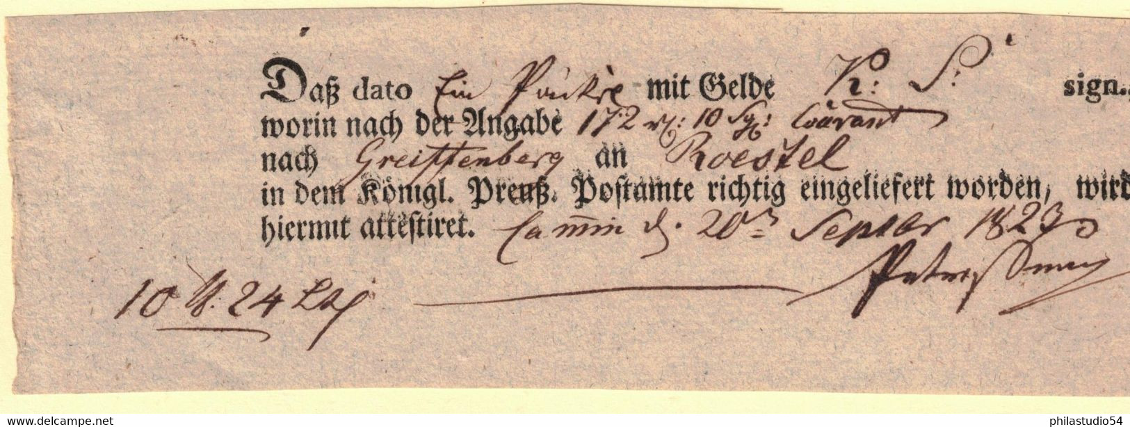 1829, Postschein Für Eine Galdsendung Von CAMMIN Nach Greiffenberg - Vorphilatelie