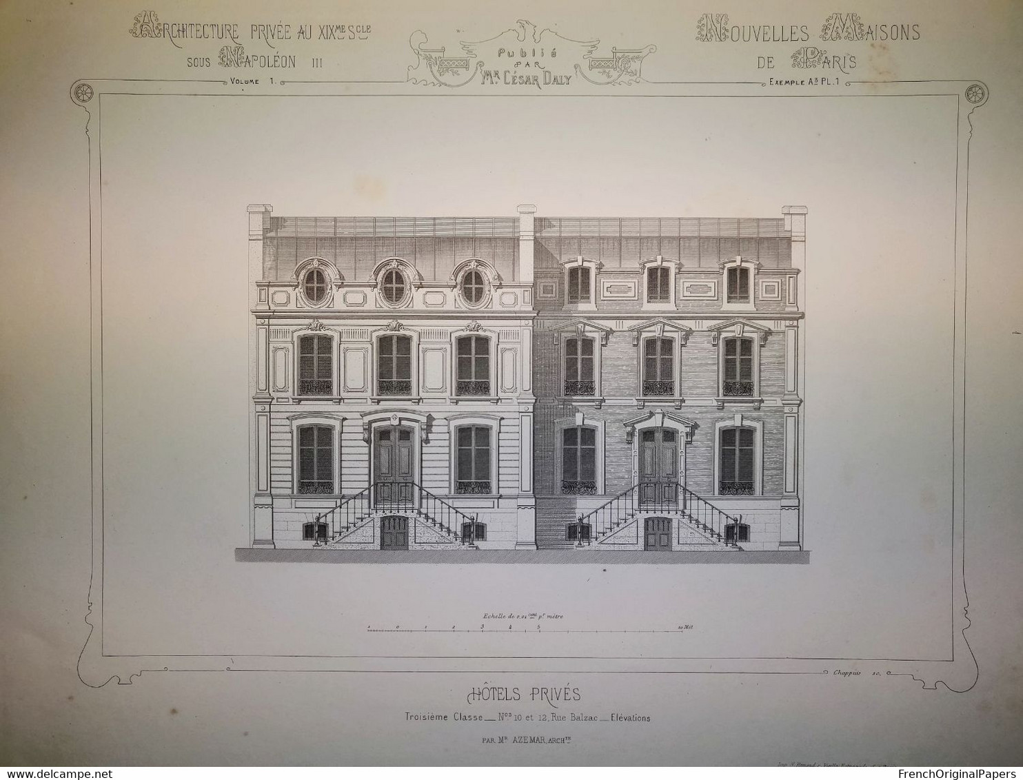 Planche Architecture Paris César Daly Architecte 1870 Maison Hôtel Privé Particulier 12 Rue Balzac Elévation Azemar P1 - Architecture