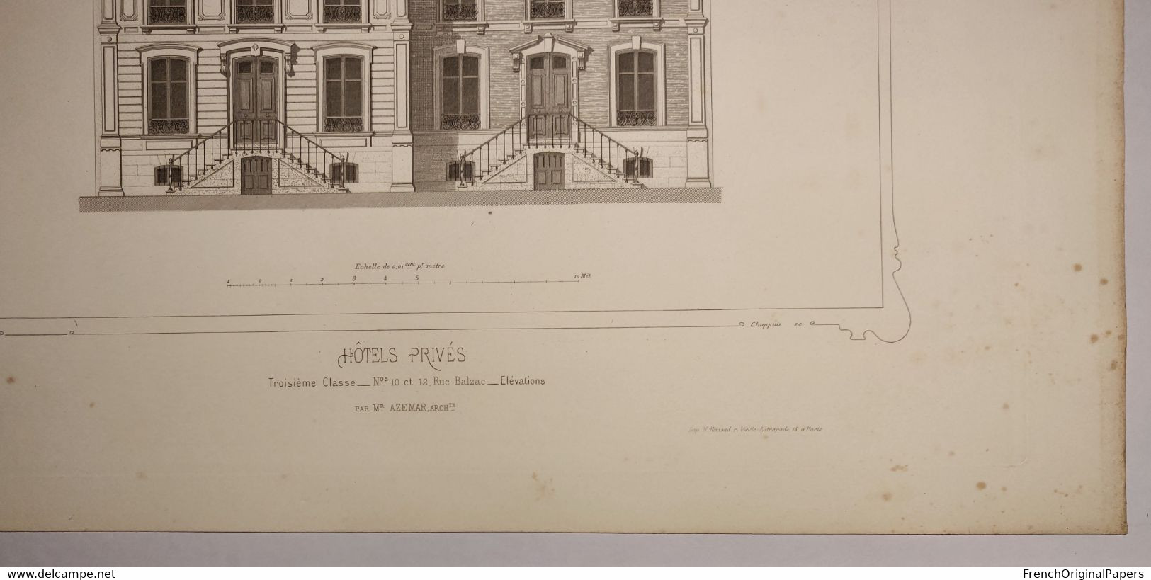 Planche Architecture Paris César Daly Architecte 1870 Maison Hôtel Privé Particulier 12 Rue Balzac Elévation Azemar P1 - Arquitectura