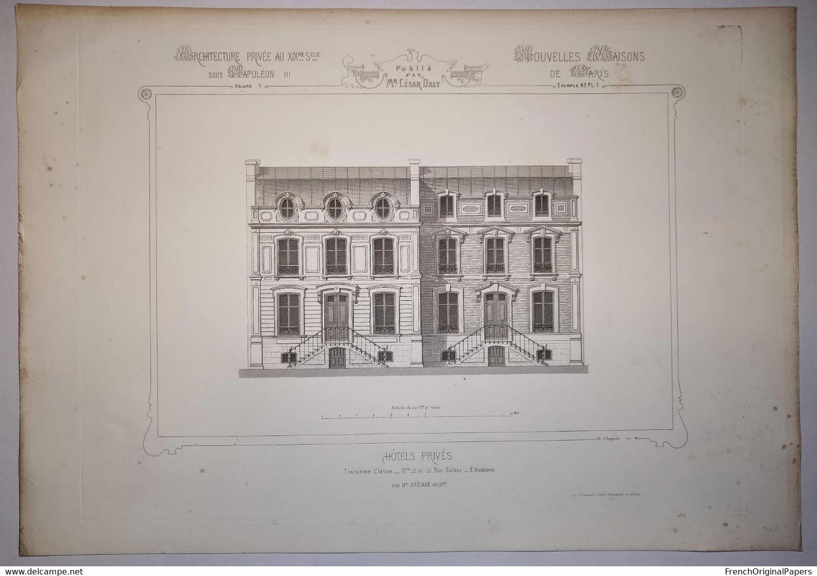 Planche Architecture Paris César Daly Architecte 1870 Maison Hôtel Privé Particulier 12 Rue Balzac Elévation Azemar P1 - Architecture