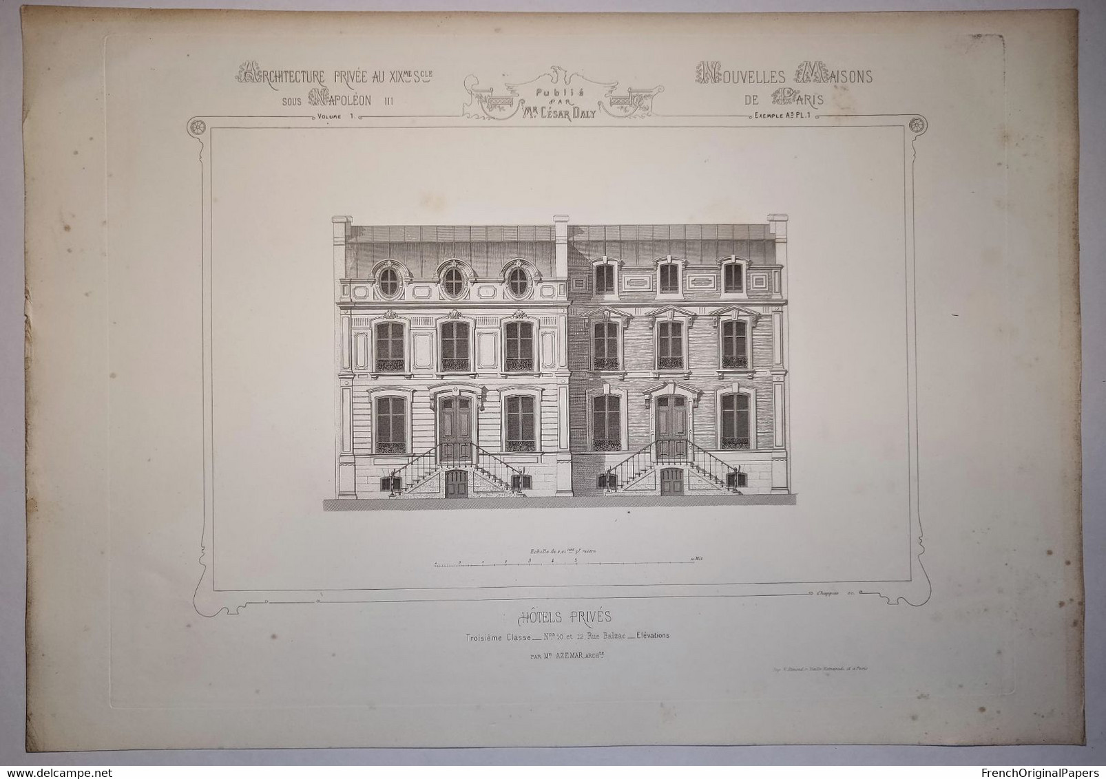 Planche Architecture Paris César Daly Architecte 1870 Maison Hôtel Privé Particulier 12 Rue Balzac Elévation Azemar P1 - Arquitectura