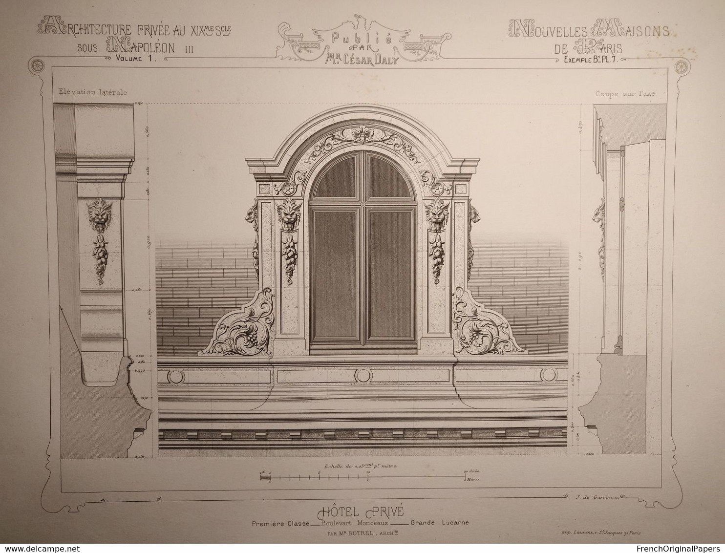 Planche Architecture Paris César Daly Architecte 1870 Maison Hôtel Privé Particulier Lucarne Botrel - Rue De Monceau P1 - Architecture