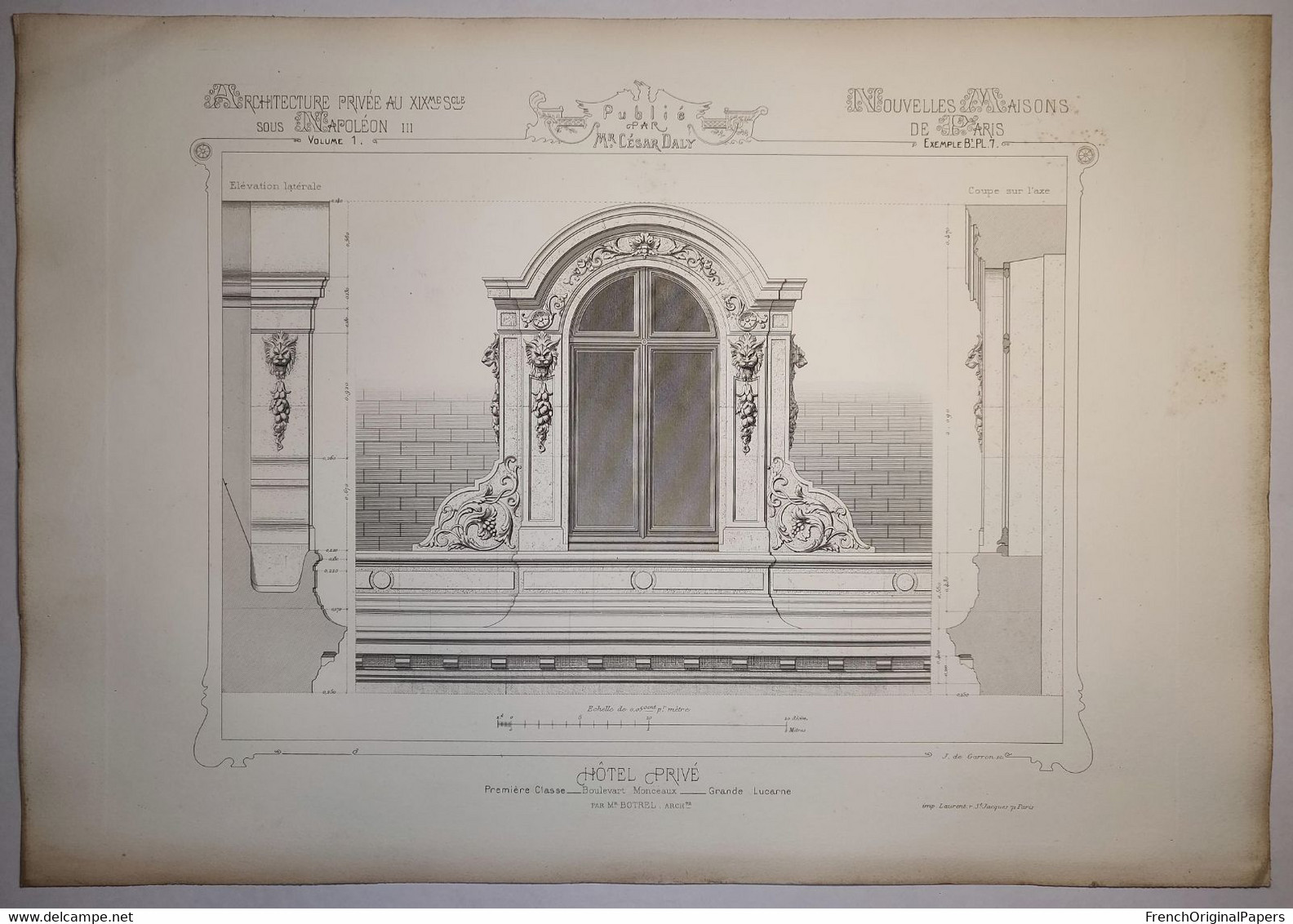 Planche Architecture Paris César Daly Architecte 1870 Maison Hôtel Privé Particulier Lucarne Botrel - Rue De Monceau P1 - Architecture