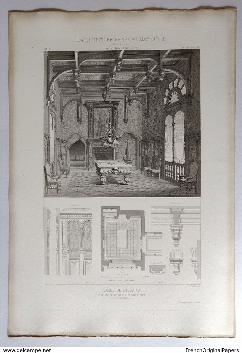 Planche Architecture Paris César Daly Architecte 1870 Décoration Intérieure Salle De Billard Hôtel Parc Monceau P1 - Architettura