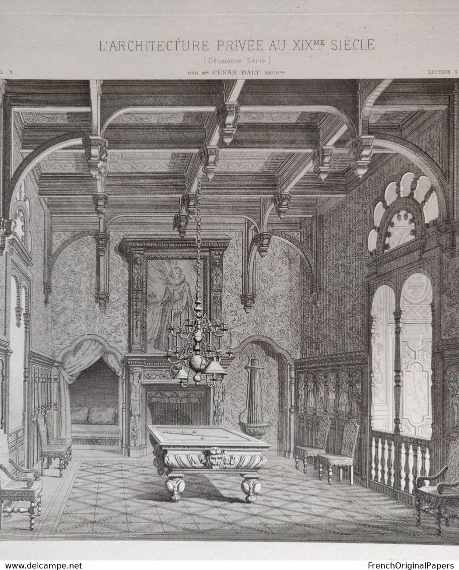 Planche Architecture Paris César Daly Architecte 1870 Décoration Intérieure Salle De Billard Hôtel Parc Monceau P1 - Architettura