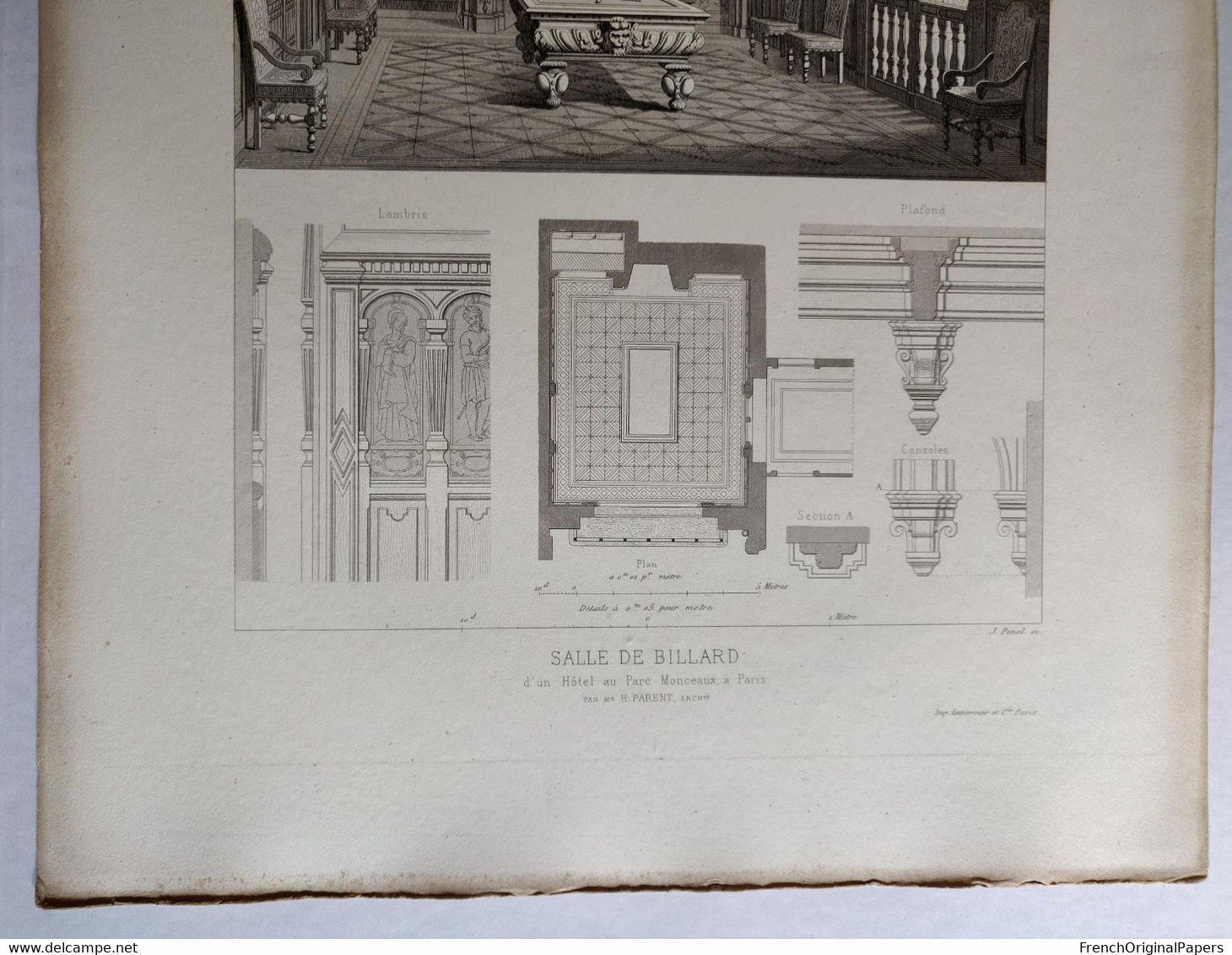 Planche Architecture Paris César Daly Architecte 1870 Décoration Intérieure Salle De Billard Hôtel Parc Monceau P1 - Architettura