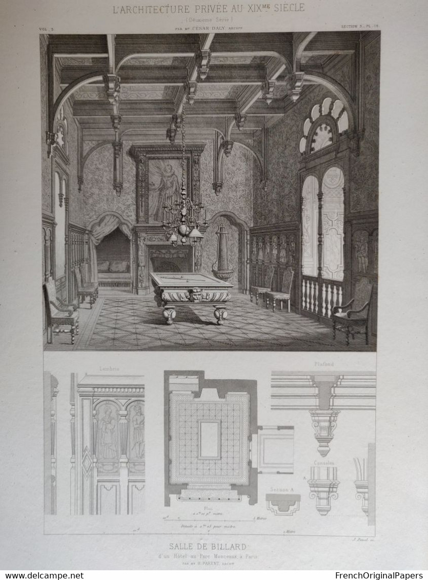 Planche Architecture Paris César Daly Architecte 1870 Décoration Intérieure Salle De Billard Hôtel Parc Monceau P1 - Architecture