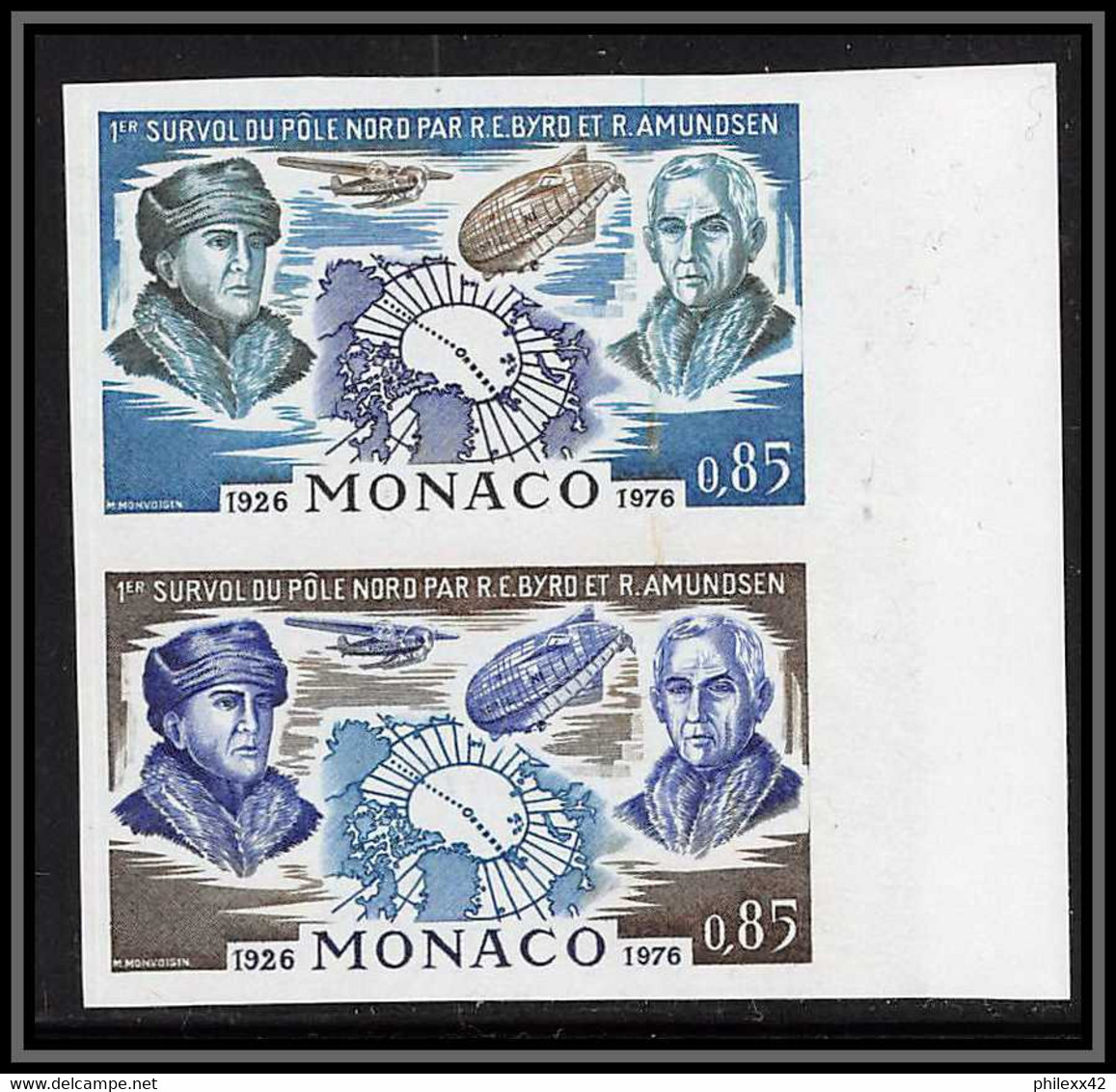 85308/ Monaco N°1070 Vol Au Dessus Du Pole Nord Arctic Byrd Amundsen Paire Multicolore Essai Proof Non Dentelé Imperf ** - Nuevos