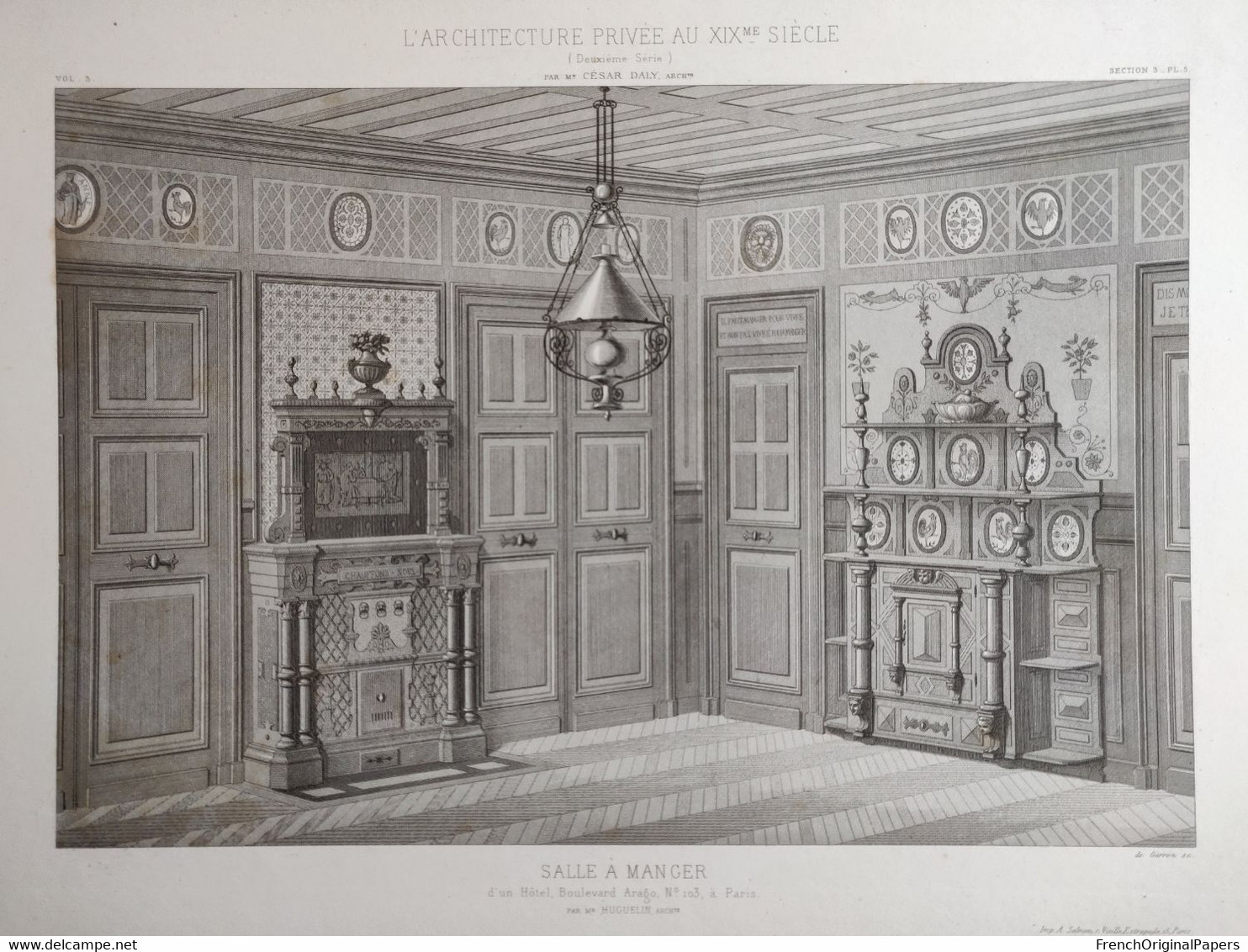 Planche Architecture Paris César Daly Architecte 1870 Décoration Intérieure Salle à Manger Boulevard Arago Huguelin P1+E - Arquitectura