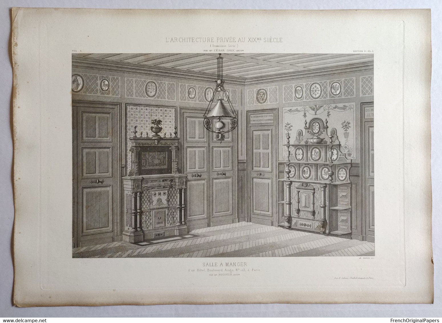 Planche Architecture Paris César Daly Architecte 1870 Décoration Intérieure Salle à Manger Boulevard Arago Huguelin P1+E - Architectuur