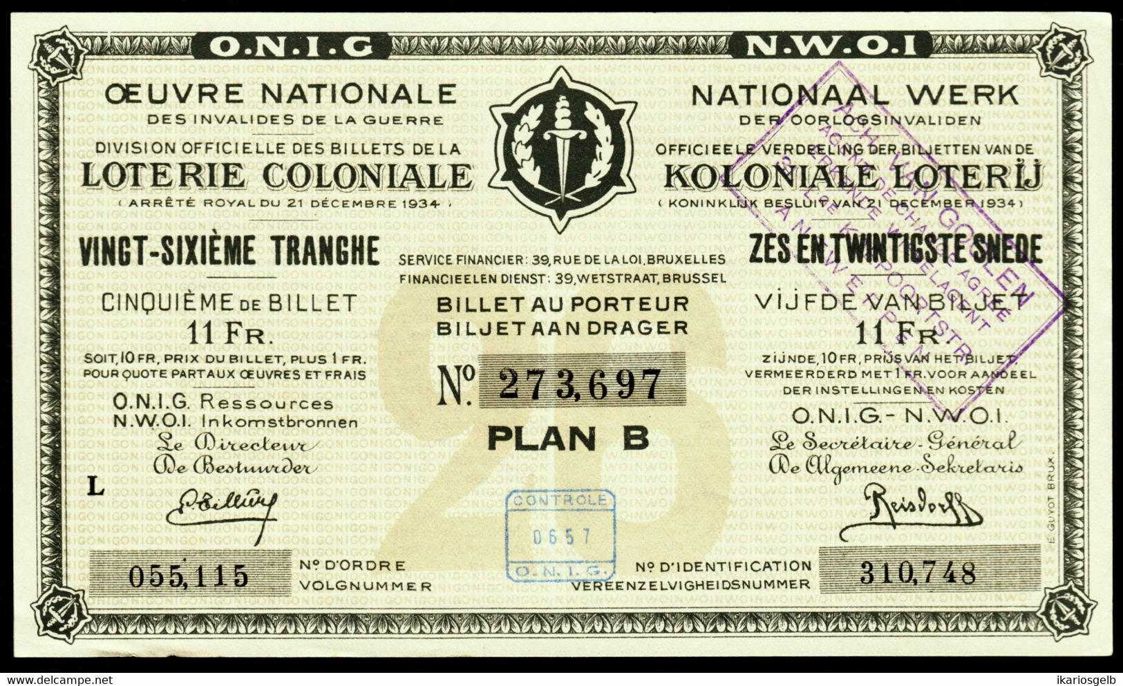 BELGIEN Belgie Belgique " Loterie Coloniale / Koloniale Loterij " 26. Snede/tranche 1934-36 E - Lottery Tickets