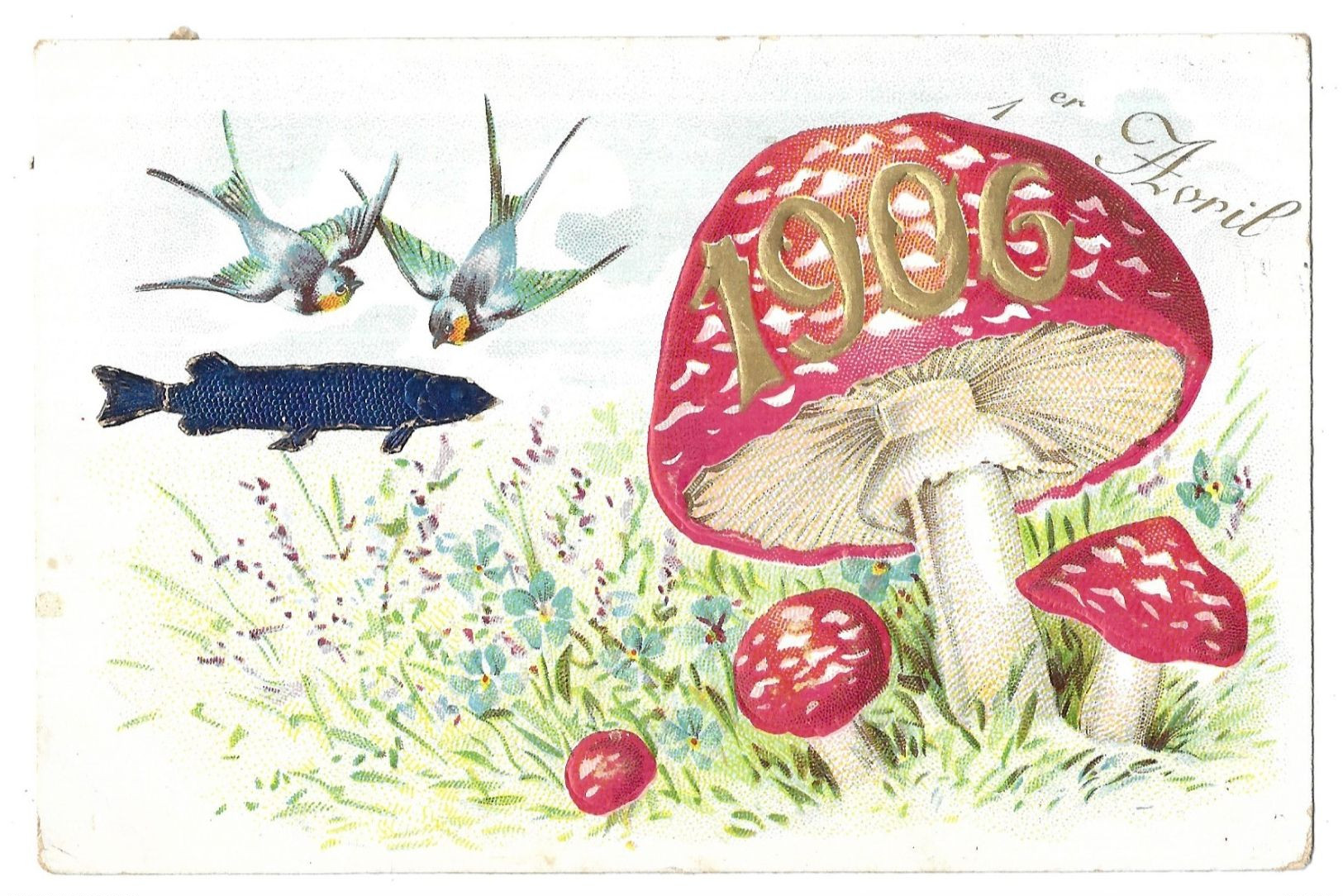 1er Avril - Poisson D' Avril Gauffrée Champignons Hirondelles 1906 - April Fool's Day