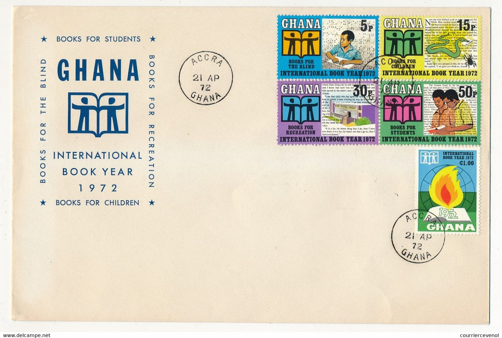 GHANA - 5 Valeurs "international Book Year 1972 - Books For Children" Sur FDC Recommandée Grand Format 21 Avril 1972 - Ghana (1957-...)