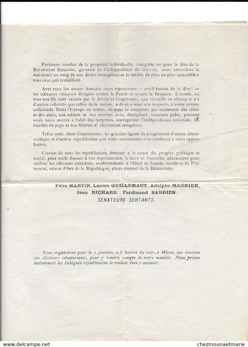 71 - ELECTIONS SENATORIALES 03 JANVIER 1909 DOCUMENT PAR MARTIN GUILLEMAUT MAGNIEN RICHARD SARRIEN SENATEURS SORTANTS - Documentos Históricos