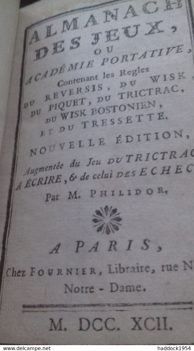 Almanach Des Jeux Ou Académie Portative PHILIDOR Fournier 1792 - Juegos De Sociedad