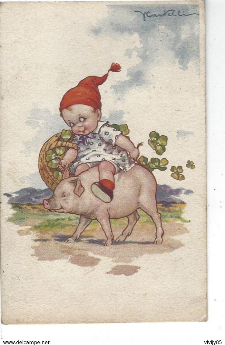 Belle Carte Sympa De L'illustrateur Castelli ( Enfant Sur Cochon ) - Castelli