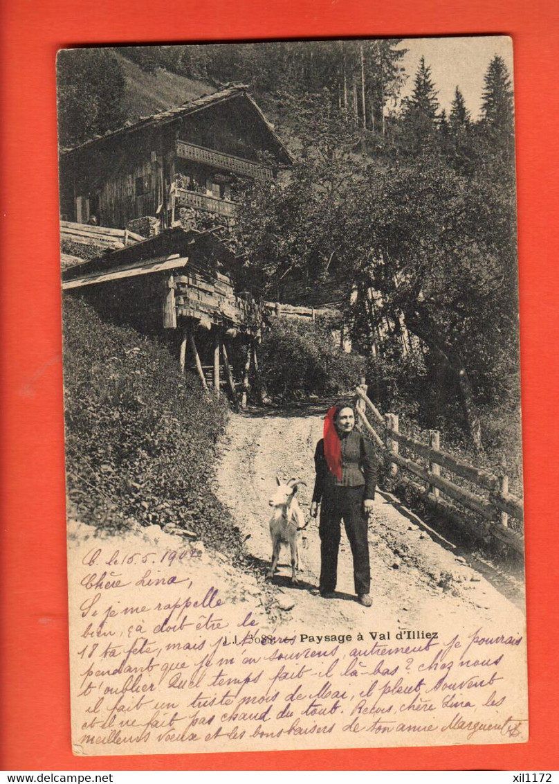 ZBB-04 Paysage à Val D'Illiez Avec Sa Chèvre. Foulard Rouge. Circulé En 1902, Jullien - Val-d'Illiez 