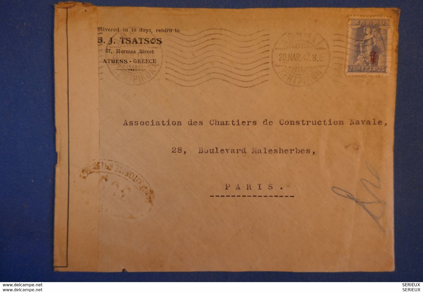 D87 GRECE BELLE LETTRE CENSURE MILITAIRE. D ATHENES A PARIS 1917 +SURIMPRESSION +  CACHETS DISCRETS - Covers & Documents