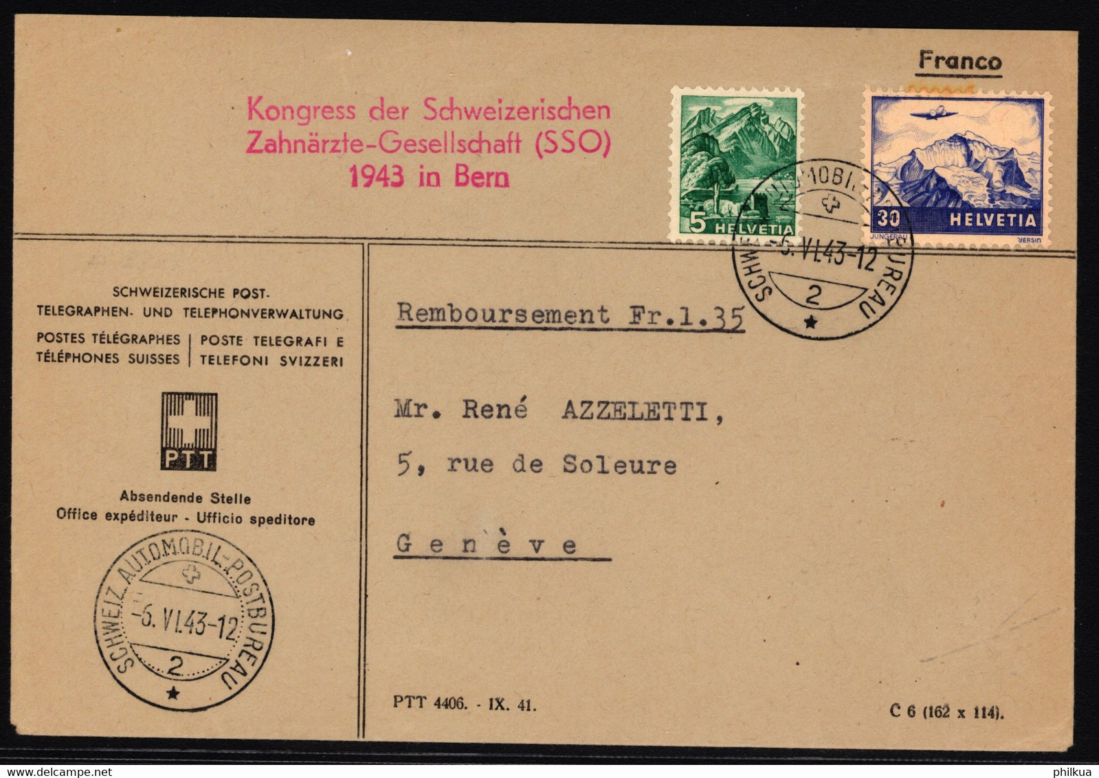 202 Und F27 Auf Brief Mit Rotem SS A. 331 Kongress Der Schweizerischen Zahnärzte-Gesellschft SSO 1943 In Bern - Altri & Non Classificati