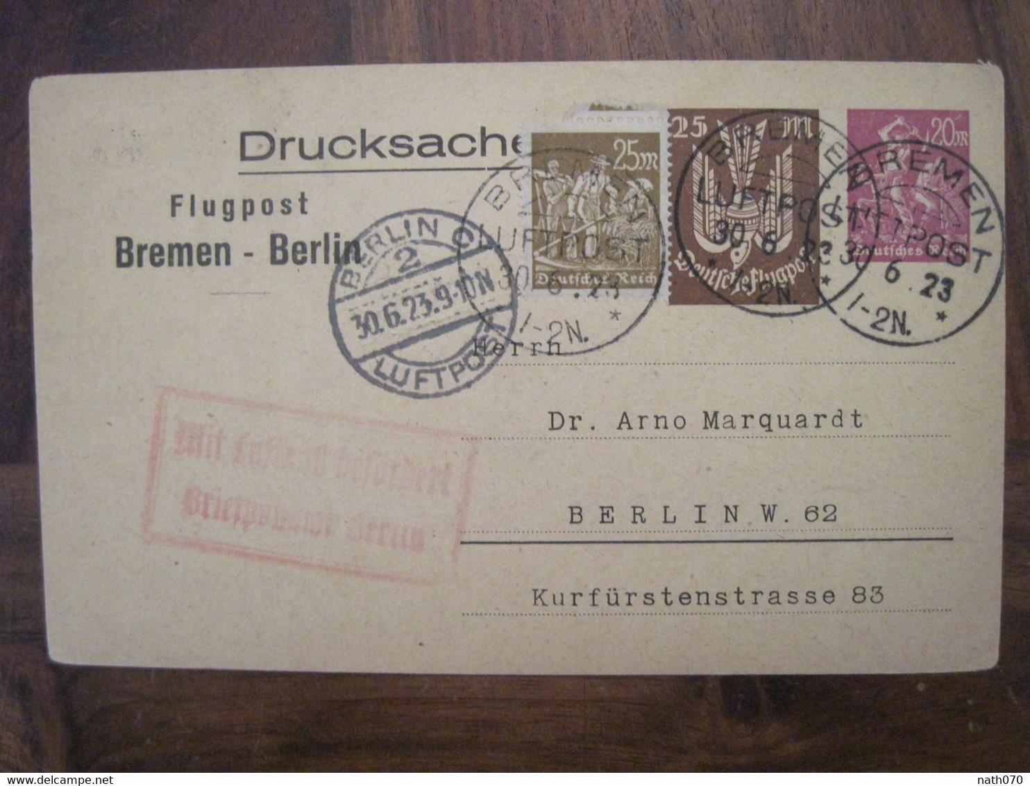 1923 Flugpost Bremen Berlin Luftpost Air Mail Poste Aerienne Cover Deutsches Reich DR Germany - Covers & Documents