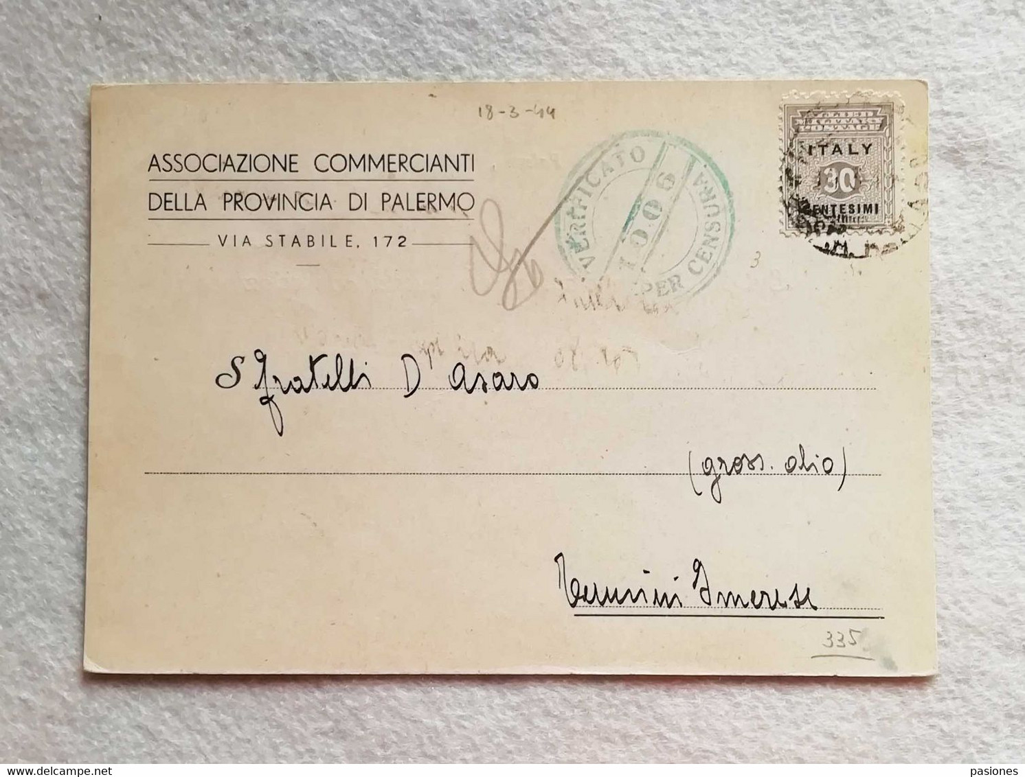 Cartoncino Di Invito Associazione Commercianti Della Provincia Di Palermo Per Termini Imerese 18/03/1944 - Anglo-american Occ.: Sicily