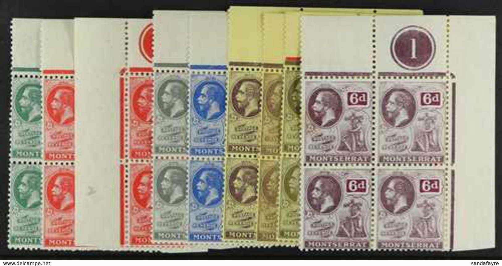 1916-22 Set To 6d, Plus Listed 1d And 3d Shades, SG 49/55, In Upper Corner Plate Number Blocks Of Four, The Stamps Never - Montserrat