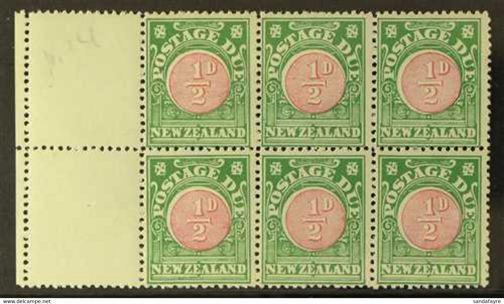 POSTAGE DUE 1928. ½d Carmine & Green, Perf 14, Cowan Paper, SG D33, Block Of 6 With Selvedge To Left, Very Fine Mint Wit - Other & Unclassified