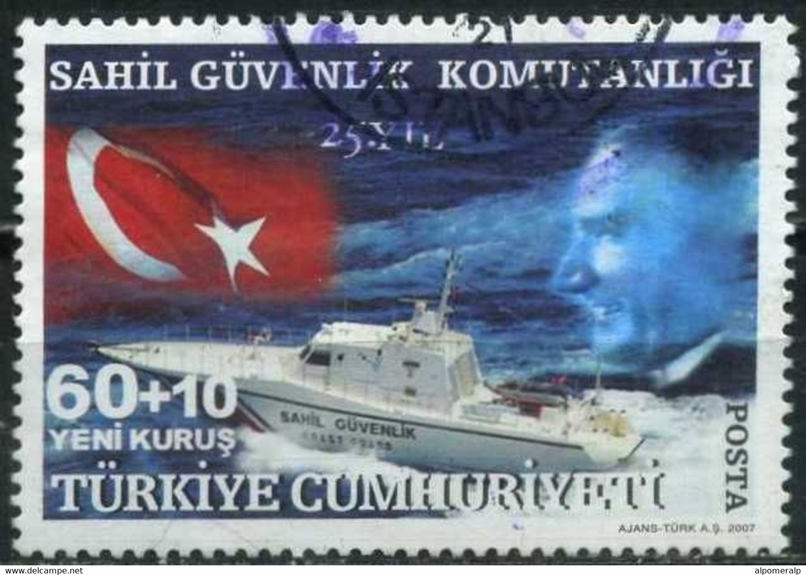 Turkey 2007 - Mi. 3608 O, 25th Year Of Turkish Coast Guard Command | Atatürk, Coast Guard Boat And Flag - Used Stamps