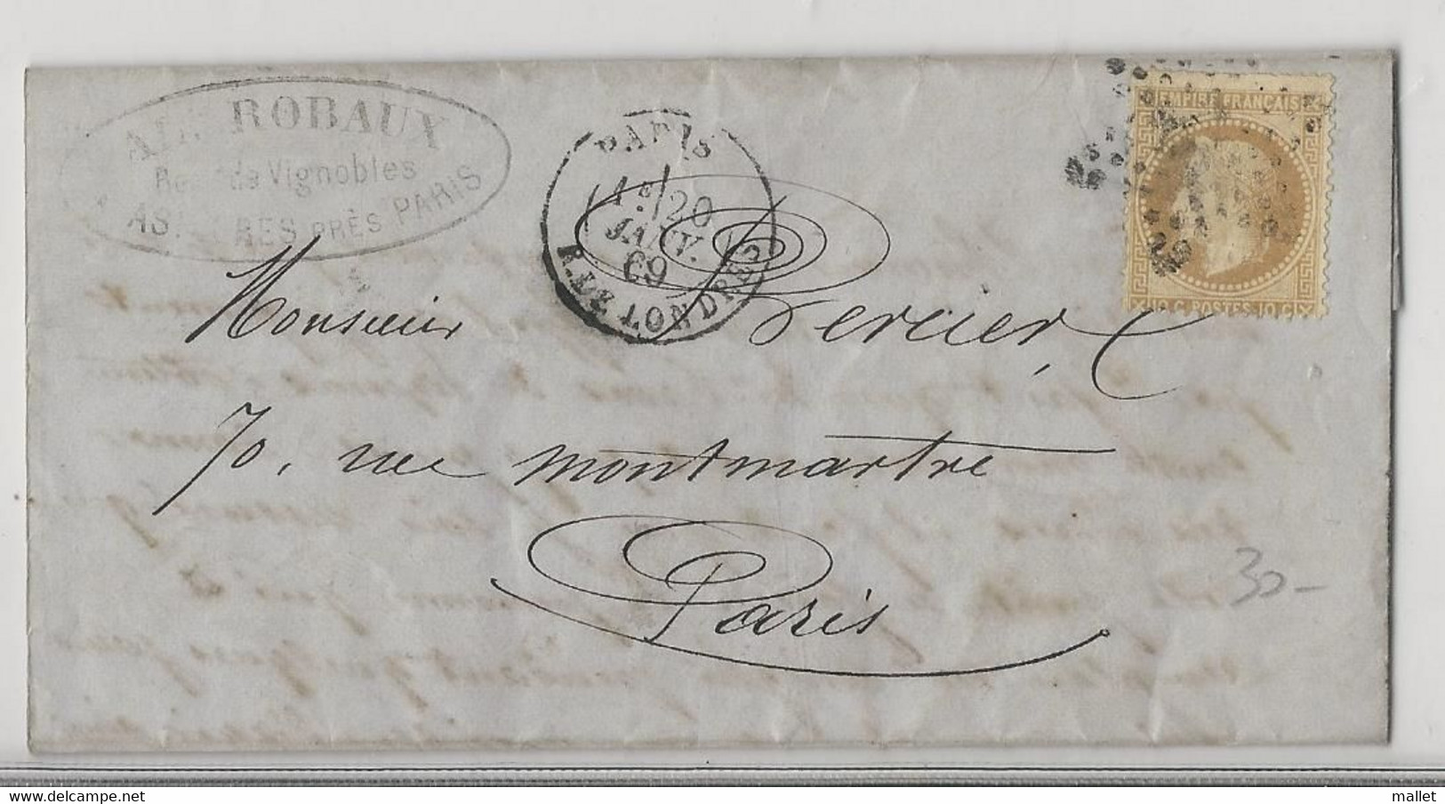 Lettre De 1869, Asnières à Paris, Affranchie Avec Timbre N°28, Oblitération étoile - 1849-1876: Klassik