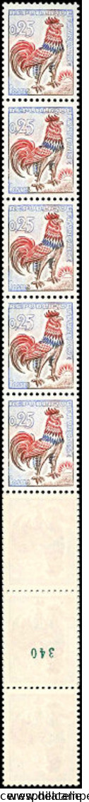 ** ROULETTES - 53  Coq, 0,25, BANDE De 11 N° Vert, Pliée, TB - Coil Stamps