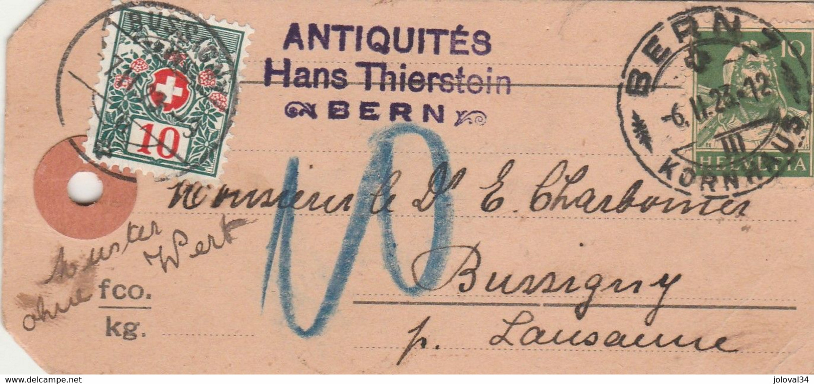 Suisse Taxe Sur étiquette Colis Entête Antiquités Hans Thierstein BERN 6/2/1923 à Bussigny Vaud - Portomarken