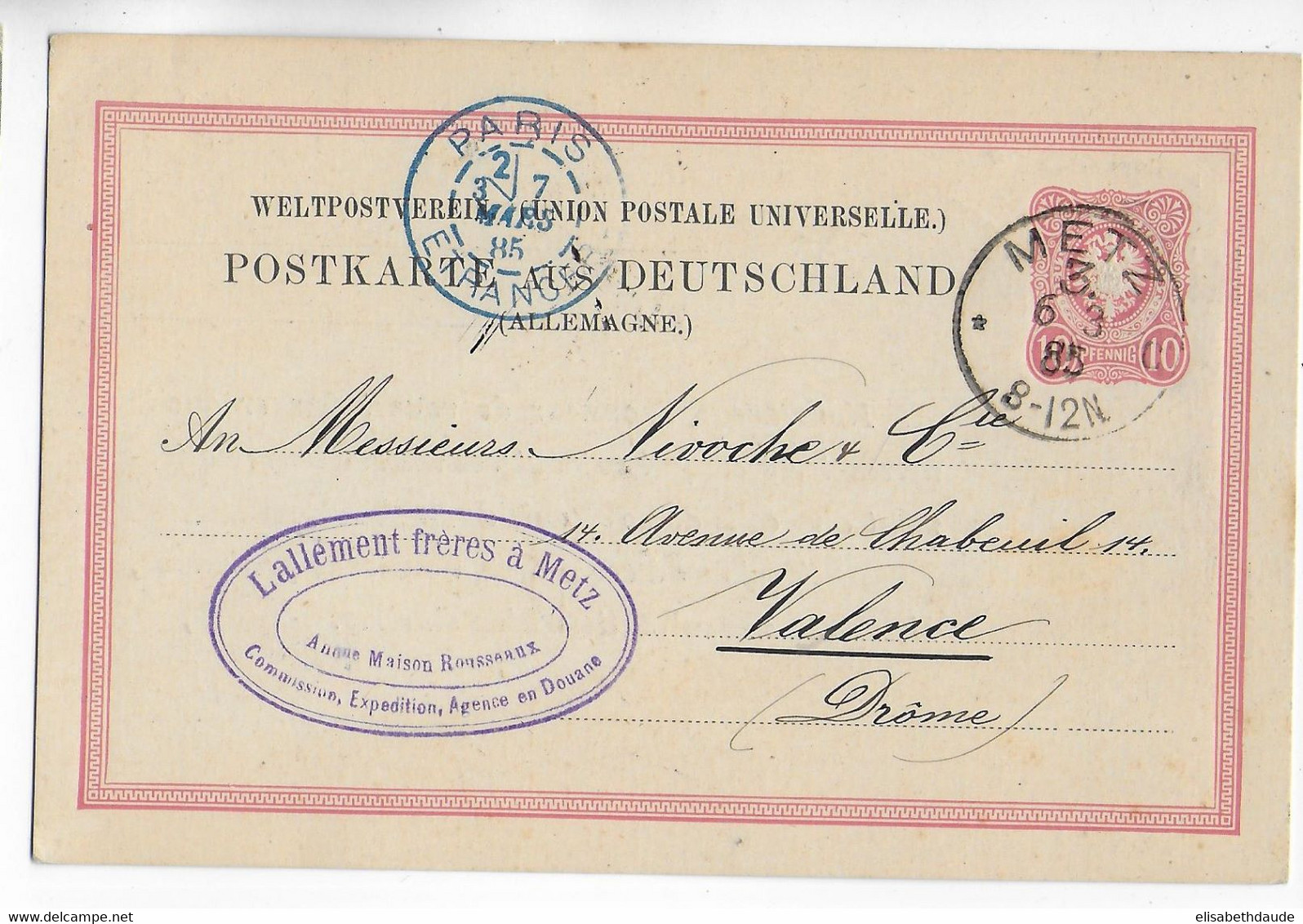 1885 - REPIQUAGE COMMERCIAL Sur CARTE ENTIER ALLEMANDE De METZ => VALENCE (DROME) - AK Mit Aufdruck (vor 1995)