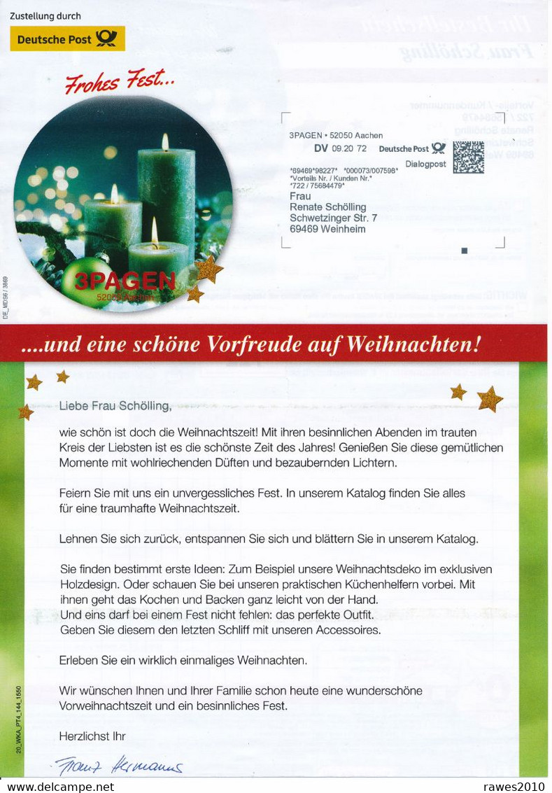 BRD / Bund Aachen Dialogpost DV 09.20 0,72 Euro 2020 3Pagen Versandhaus Weihnachten Kerzen - Autres & Non Classés