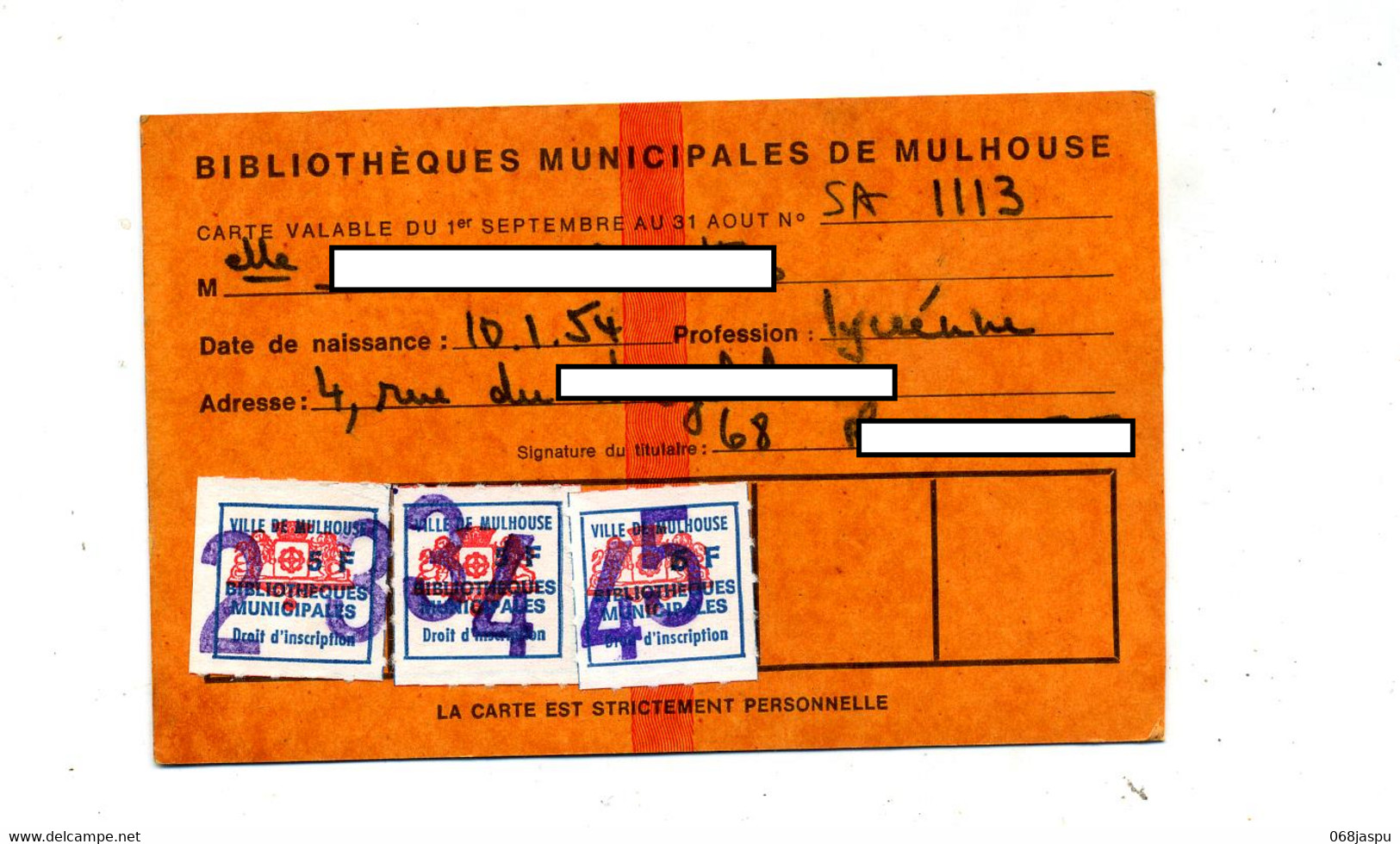 Carte De Bibliotheque Mulhouse - Other & Unclassified