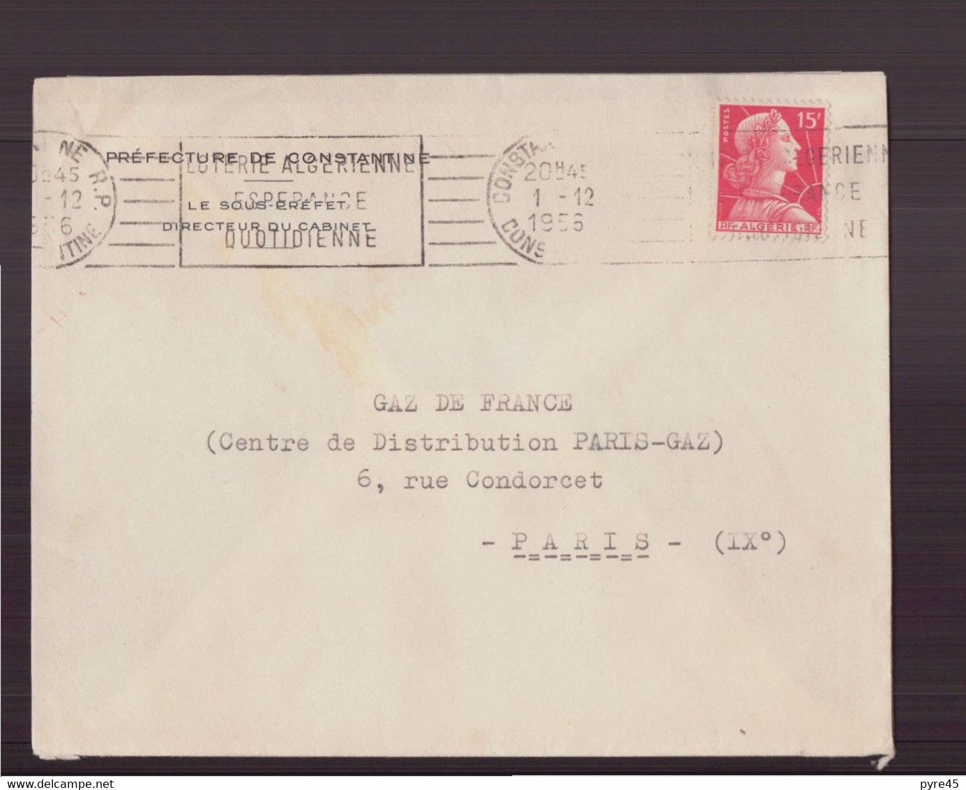Algérie, Enveloppe Du 1 Décembre 1956 De Constantine Pour Paris - Covers & Documents