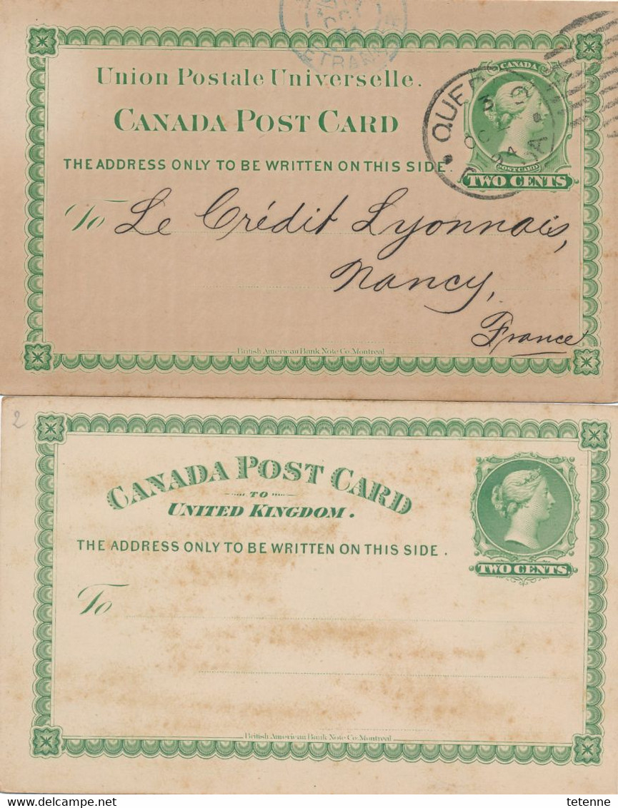 2 Cartes Entiers Postaux Vert Two Cents  Du Canada Un Qui A Voyagé Quebec Nancy 1894 ..l'autre Non Voyagé - Autres & Non Classés