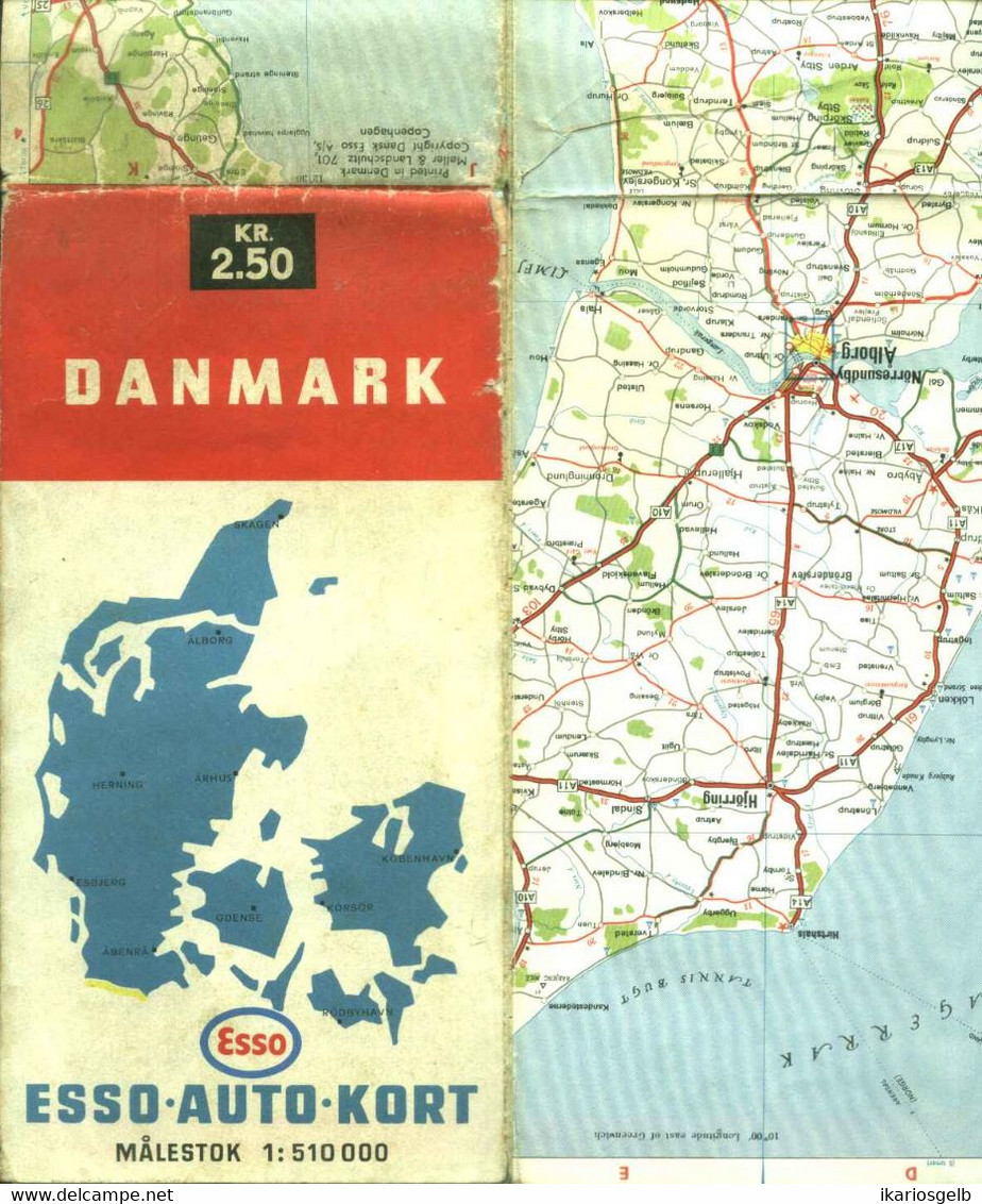 Topographie Landkarte 1950 Deko Esso International " Danmark = Dänemark 1:510.000 " Verlag: Esso - Topographische Karten