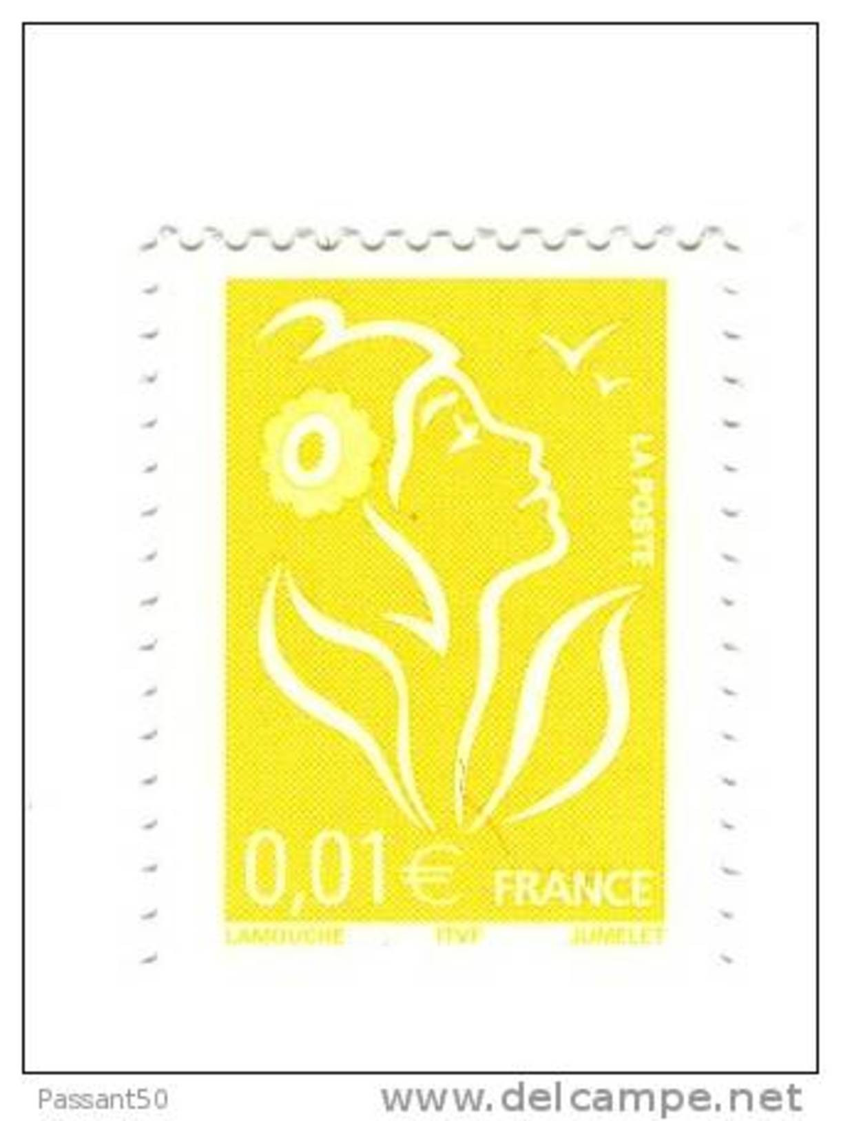 Lamouche 0.01 € Jaune  ITVF TYPE II ( Gravure Numérique - TD 215 ) YT 3731e Sans Phospho . Maury N° 3713 IIb : 32 € - Unused Stamps