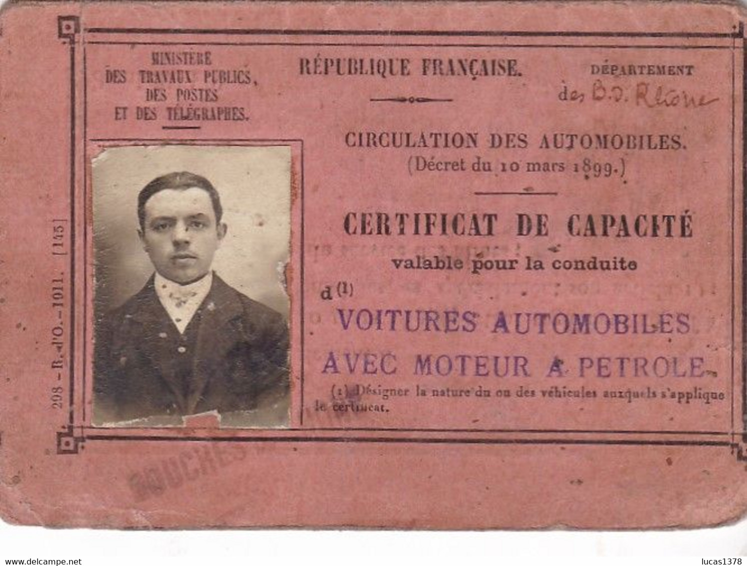 CERTIFICAT DE CAPACITE VALABLE POUR LA CONDUITE VOITURES AUTOMOBILES A PETROLE / MARSEILLE / FERRERO ALFRED - Sonstige & Ohne Zuordnung