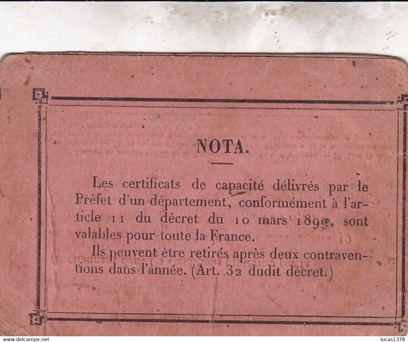 CERTIFICAT DE CAPACITE VALABLE POUR LA CONDUITE VOITURES AUTOMOBILES A PETROLE / MARSEILLE / FERRERO ALFRED - Other & Unclassified