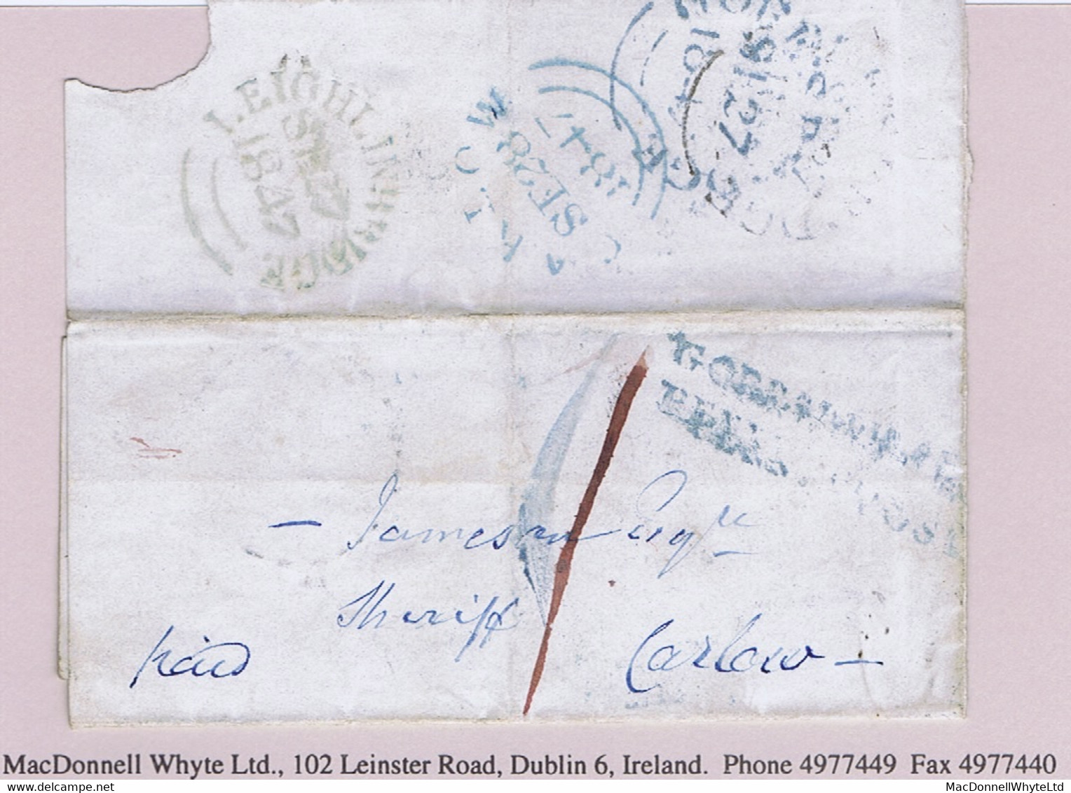 Ireland Kilkenny Carlow 1847 GORESBRIDGE SE 27 1847 Struck Twice, In Black And Then In Blue, Cover To Sheriff Of Carlow - Prephilately