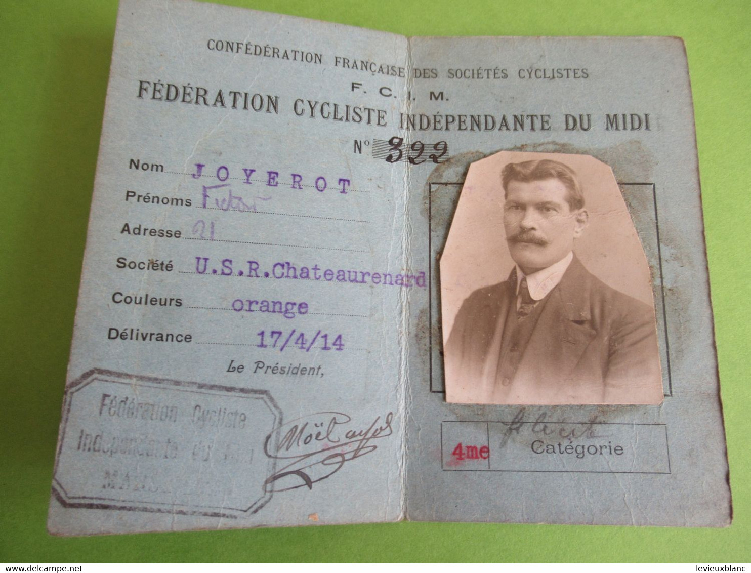 Licence/Conféd. Fr.des Sociétés Cyclistes/Fédé. Cycliste Indépendante Du Midi/JOYEROT/Marseille/1914               AC153 - Cycling