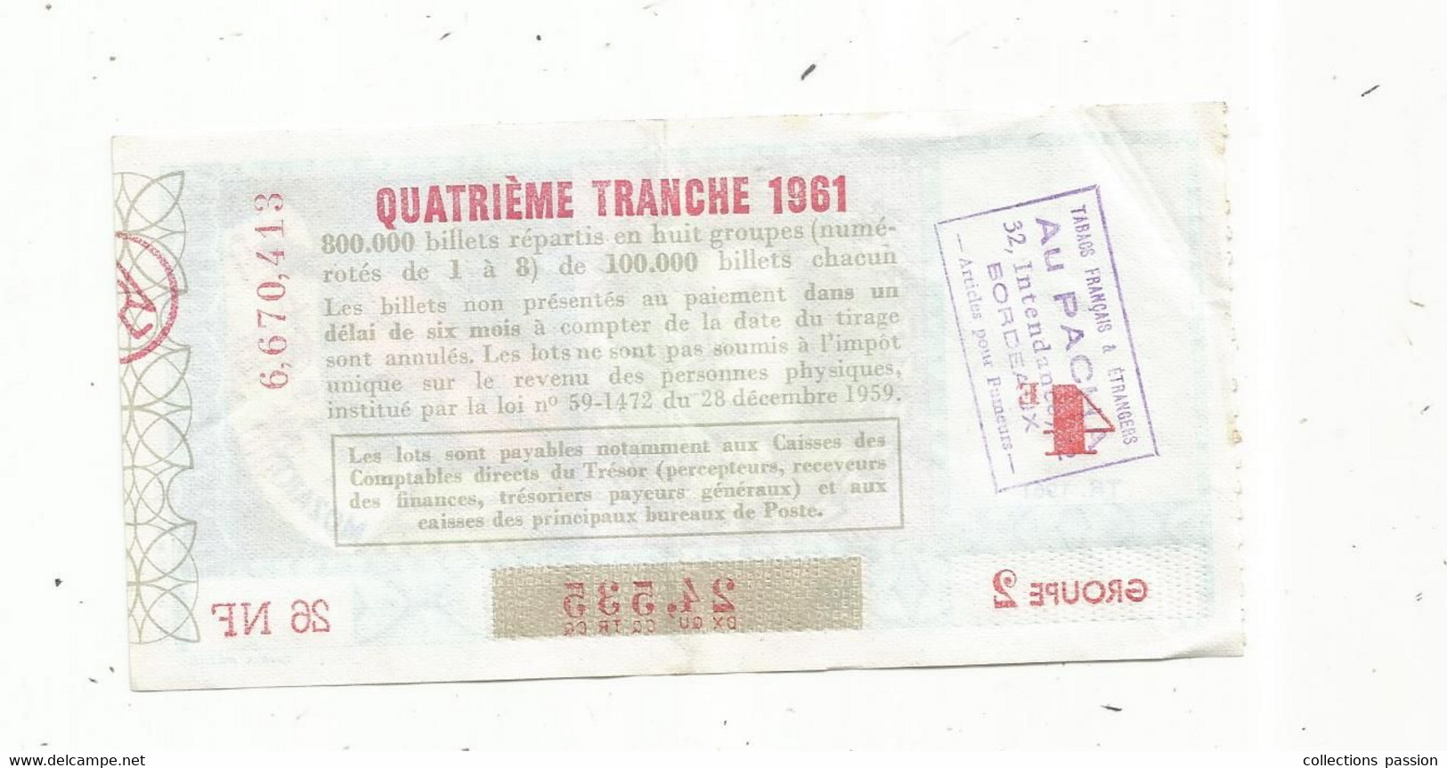 JC , Billet De Loterie Nationale,  4 E, Groupe 2, Quatrième Tranche 1961, 26 NF, Hommage à MOZART - Lottery Tickets